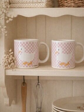 💗 Vintage K.I.C. “Duck Checkered” Ceramic Mugs — Made in Korea (Set of 2)